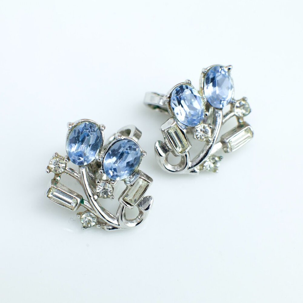 Crown Trifari Blue Rhinestone Clip Earrings Floral Spray Baguette MCM Vintage